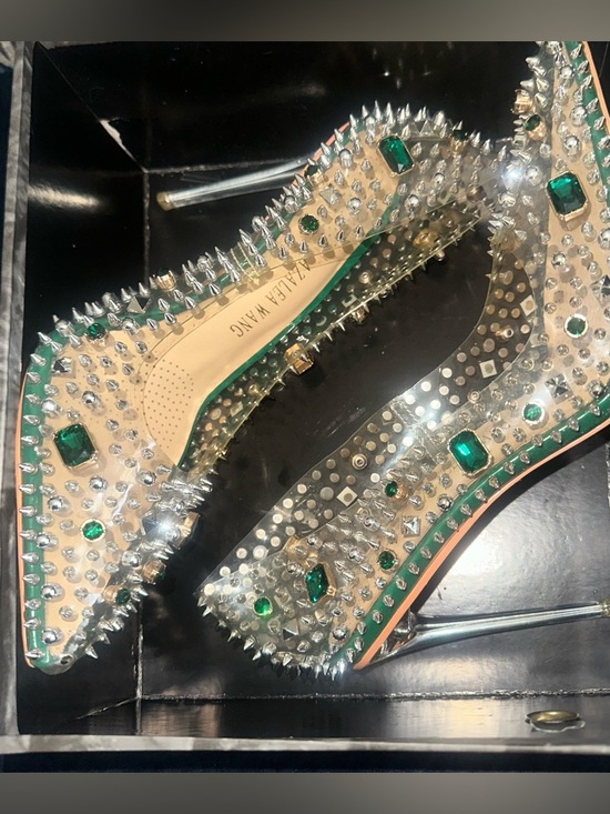 Azalea Wang Shoes - Alexa Wang Clear Pumps with Emerald Crystal and Silver Spikes - Women's